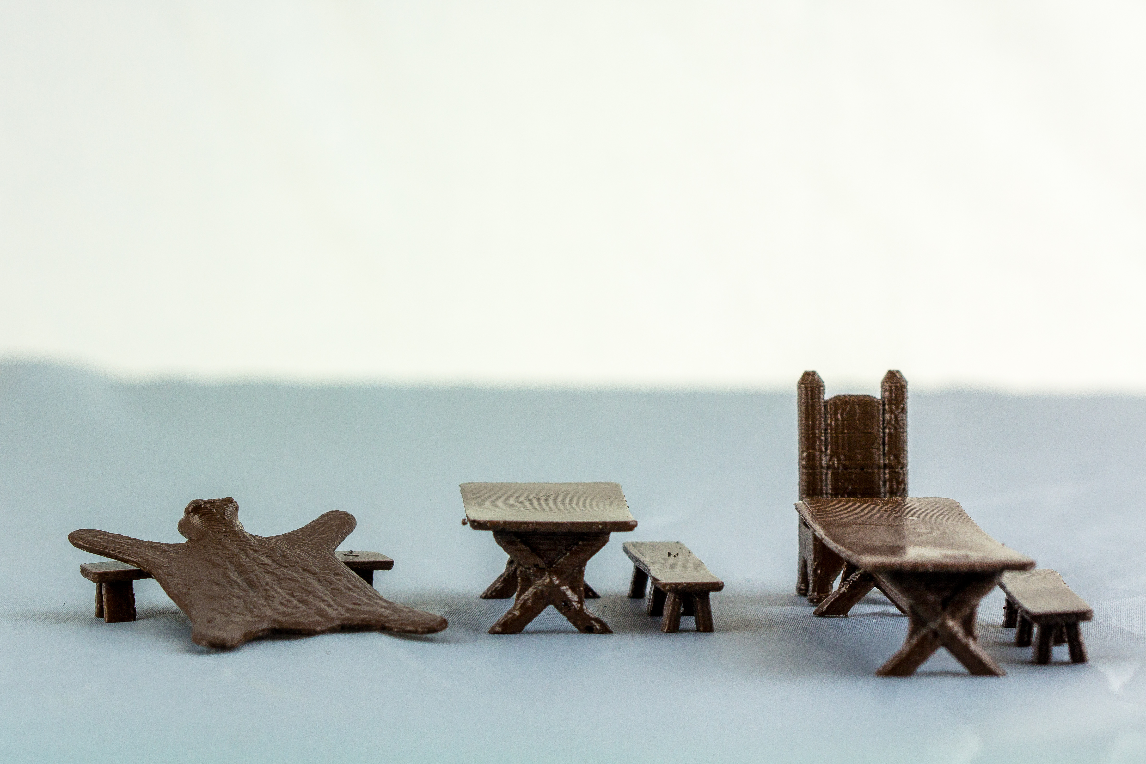 Terrain 4 Print: Fantasy/Historic tables, benches, chairs and bear rug.